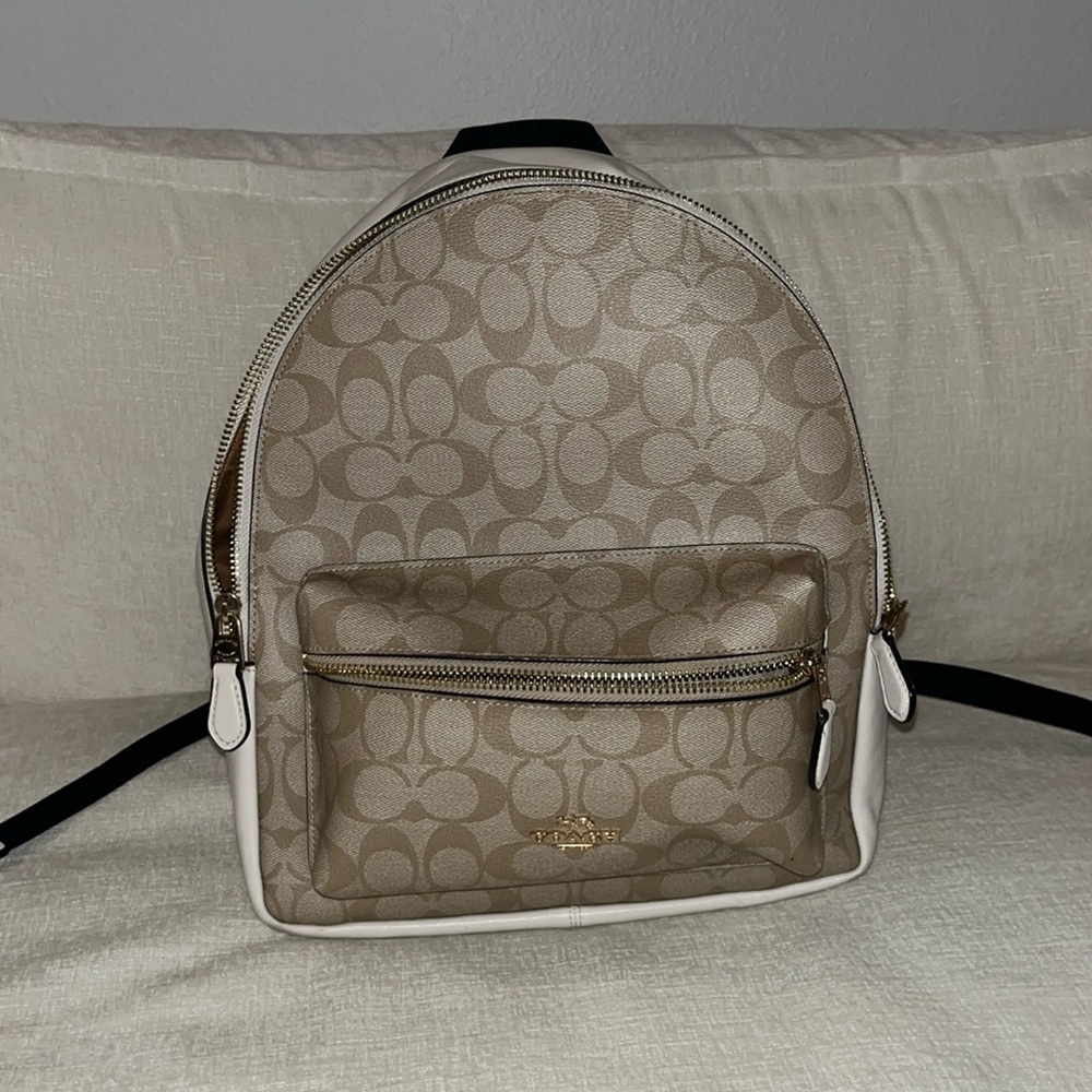 COACH Charlie Backpack- white and tan with gold accent